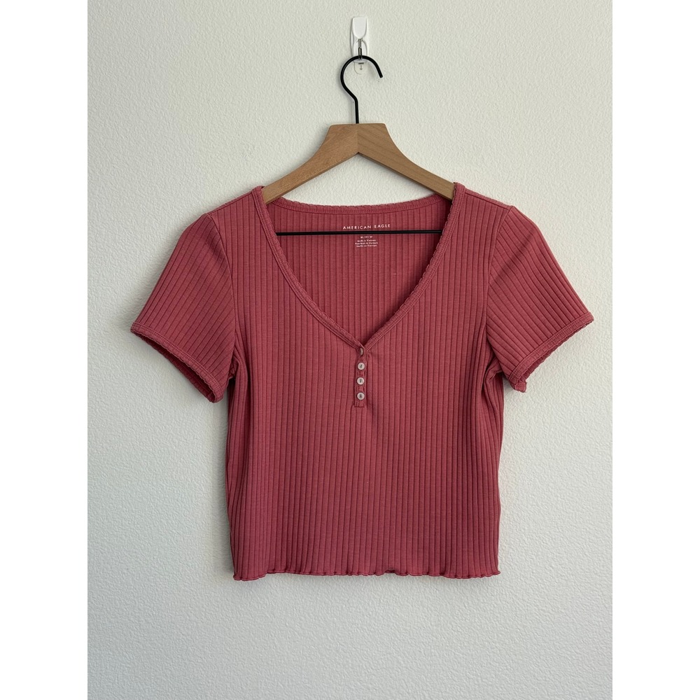 American Eagle Henley Crop Top Medium Rose Pink Ribbed Lettuce Edge Boho Trendy